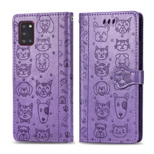 

For Galaxy A31 Cute Cat and Dog Embossed Horizontal Flip Leather Case with Bracket / Card Slot / Wallet / Lanyard(Purple)