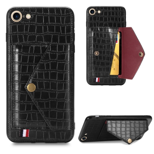 

For iPhone SE 2020 Crocodile Pattern PU+TPU+PVC Shatter-resistant Mobile Phone Case with Magnetic Invisible Holder & Holder & Card Slots(Black)