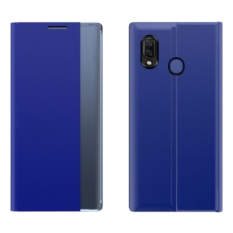 

For Galaxy A40 Side Display Magnetic Horizontal Flip Plain Texture Cloth + PC Case with Holder & Sleep / Wake-up Function(Blue)