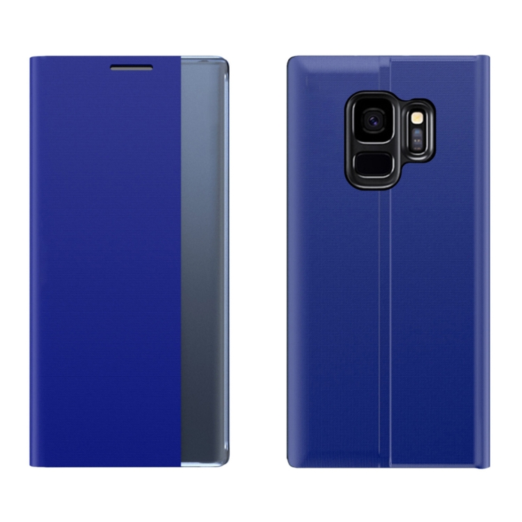 

For Galaxy S9 Plus Side Display With Magnetic / Bracket Function / Sleep Function Plain Texture Cloth + PC Flip Case(Blue)