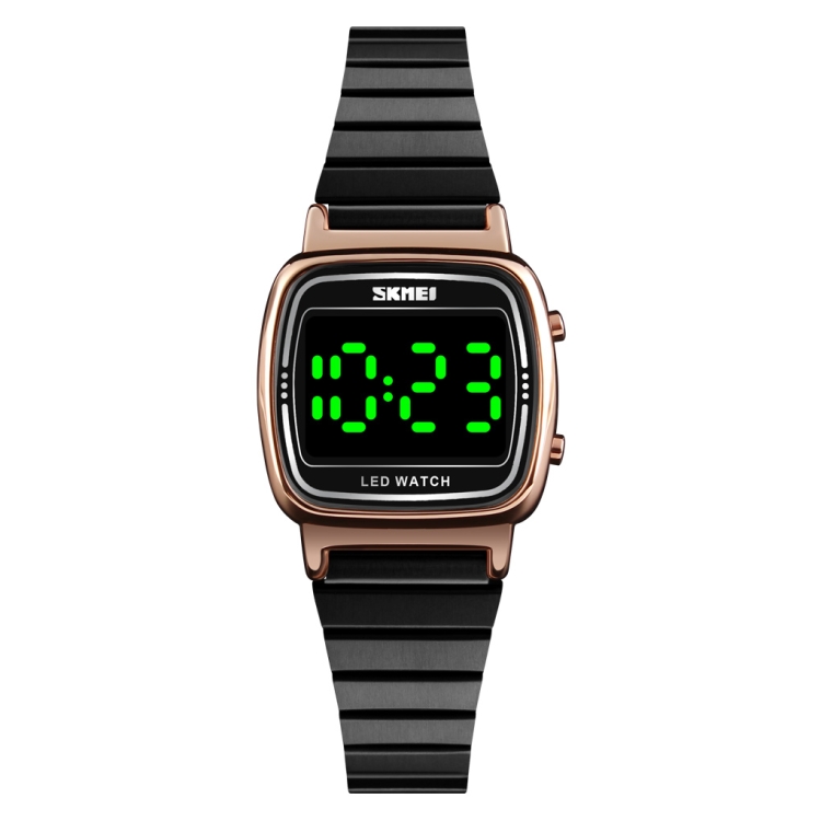 

SKMEI 1543 Fashion Simple Green Luminous Female LED Electronic Watch Steel Strap Watch(Black Rose Gold)