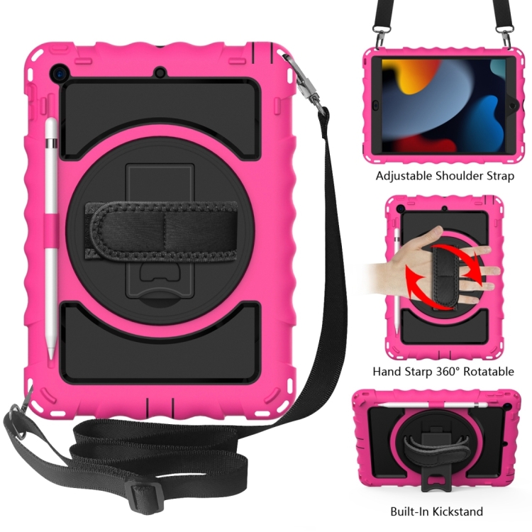 

For iPad 10.2 360 Degree Rotating Case with Pencil Holder, Kickstand Shockproof Heavy Duty with Shoulder Strap,Hand Strap(Hot Pink)