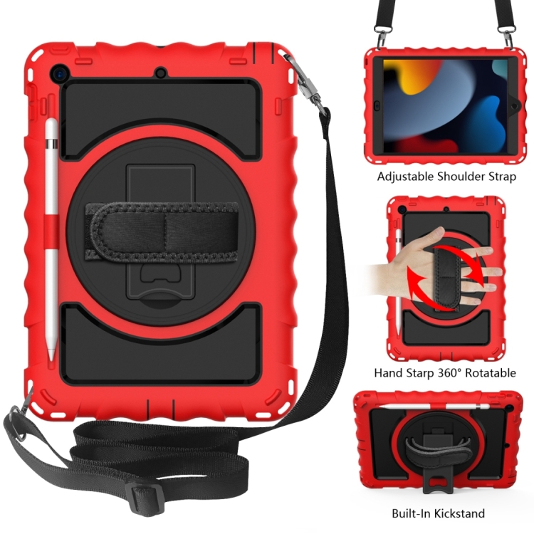 

For iPad 10.2 360 Degree Rotating Case with Pencil Holder, Kickstand Shockproof Heavy Duty with Shoulder Strap,Hand Strap(Red)