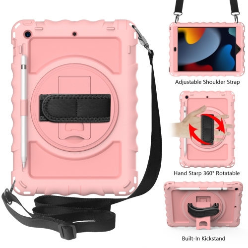 

For iPad 10.2 360 Degree Rotating Case with Pencil Holder, Kickstand Shockproof Heavy Duty with Shoulder Strap,Hand Strap(Rose Gold)