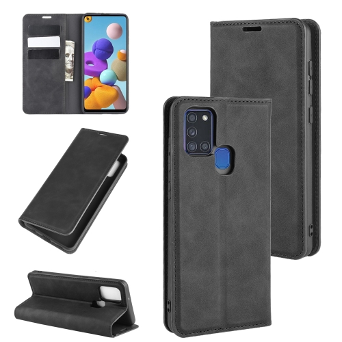 

For Galaxy A21s Retro-skin Business Magnetic Suction Leather Case with Holder & Card Slots & Wallet(Black)