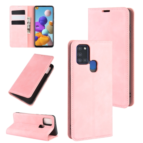 

For Galaxy A21s Retro-skin Business Magnetic Suction Leather Case with Holder & Card Slots & Wallet(Pink)