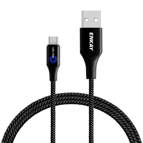 

ENKAY ENK-CB104 2.4A USB to USB-C / Type-C Nylon Weaving Data Transfer Charging Cable with Intelligent Light, Length: 1m(Black)