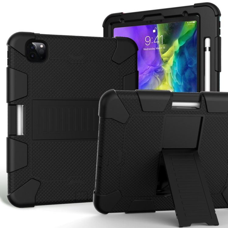 

For iPad Pro 11 (2020) Shockproof Two-Color Silicone Protection Case with Holder & Pen Slot(Black)