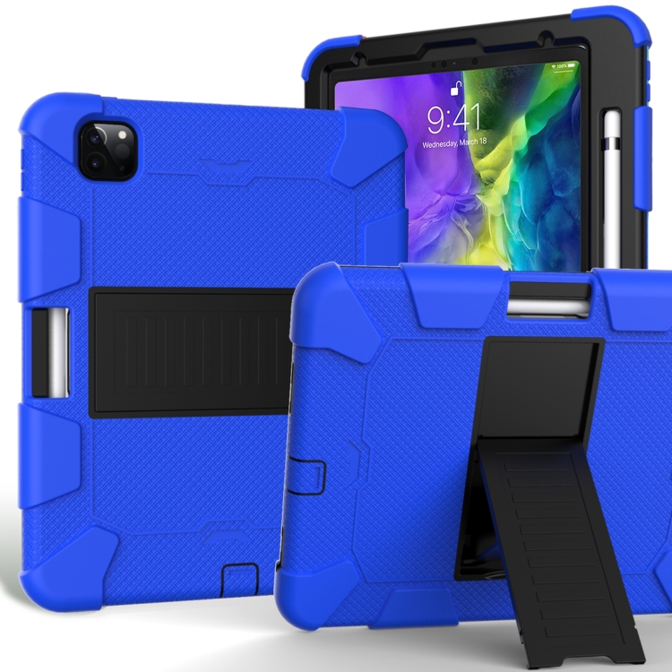 

For iPad Pro 11 (2020) Shockproof Two-Color Silicone Protection Case with Holder & Pen Slot(Blue+Black)