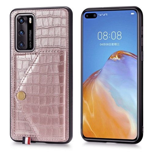 

For Huawei P40 Crocodile Pattern PU+TPU+PVC Shatter-resistant Mobile Phone Case with Magnetic Invisible Holder & Holder & Card Slots(Rose Gold)
