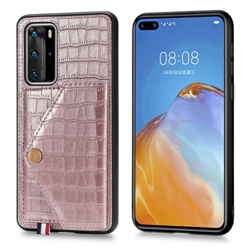 

For Huawei P40 Pro Crocodile Pattern PU+TPU+PVC Shatter-resistant Mobile Phone Case with Magnetic Invisible Holder & Holder & Card Slots(Rose Gold)