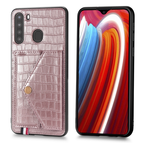 

For Galaxy A21 Crocodile Pattern PU+TPU+PVC Shatter-resistant Mobile Phone Case with Magnetic Invisible Holder & Holder & Card Slots(Rose Gold)