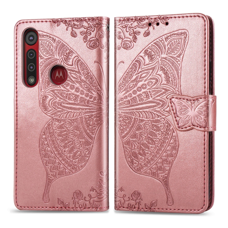 

For Moto G8 Play Butterfly Love Flowers Embossing Horizontal Flip Leather Case , with Holder & Card Slots & Wallet & Lanyard(Rose Gold)