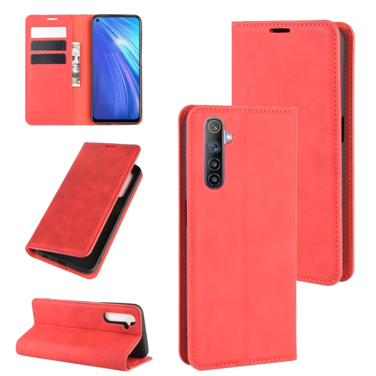 

For OPPO Realme 6 Retro-skin Business Magnetic Suction Leather Case with Holder & Card Slots & Wallet(Red)