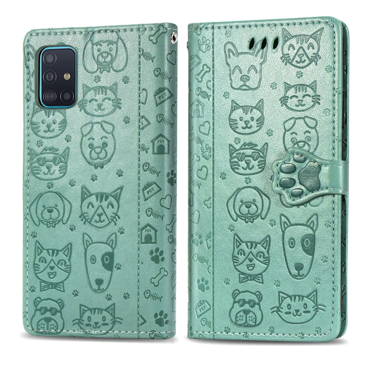 

For Galaxy A51 5G Lovely Cat and Dog Embossing Pattern Horizontal Flip Leather Case , with Holder & Card Slots & Wallet & Cartoon Clasp & Lanyard( Green)