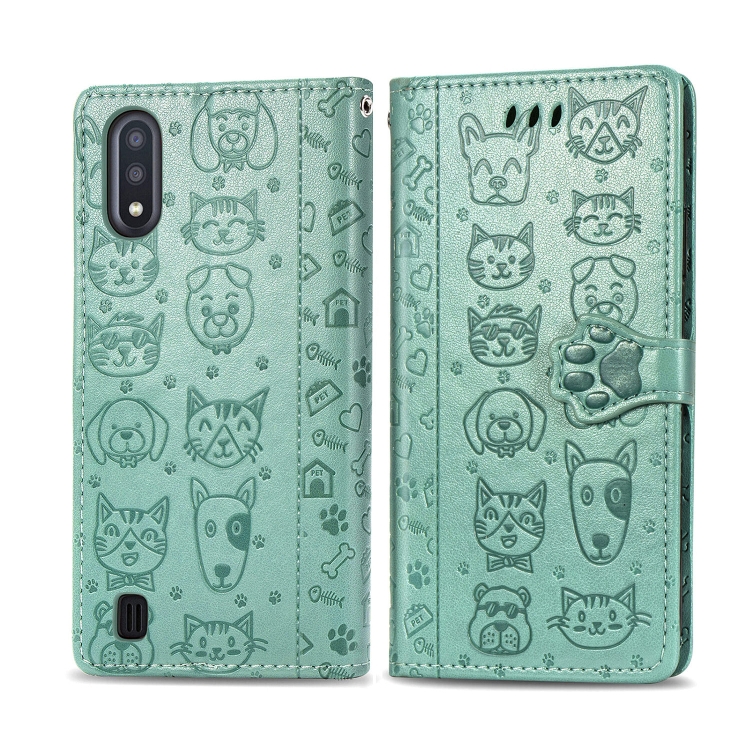 

For Galaxy A11 Lovely Cat and Dog Embossing Pattern Horizontal Flip Leather Case , with Holder & Card Slots & Wallet & Cartoon Clasp & Lanyard( Green)