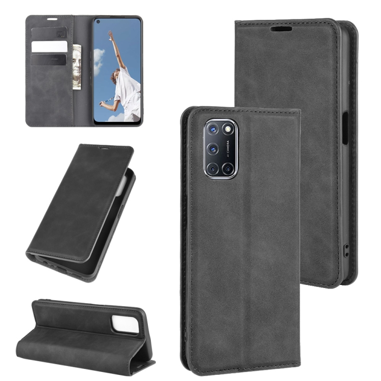 

For OPPO A72 Retro-skin Business Magnetic Suction Leather Case with Holder & Card Slots & Wallet(Black)