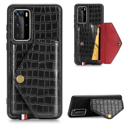 

For Huawei P40 Pro Crocodile Pattern Envelope Card Package Phone Case With Magnet And Bracket Function(Black)