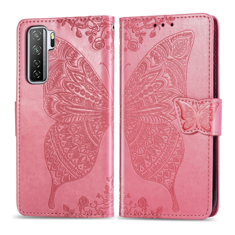 

For Huawei Nova 7 SE/P40 Lite 5G Butterfly Love Flower Embossed Horizontal Flip Leather Case with Bracket / Card Slot / Wallet / Lanyard(Pink)