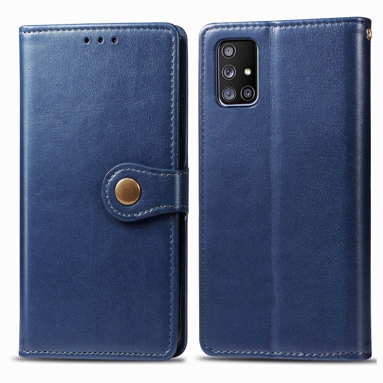 

For Galaxy A51 5G Retro Solid Color Leather Buckle Phone Case with Lanyard & Photo Frame & Card Slot & Wallet & Stand Function(Blue)