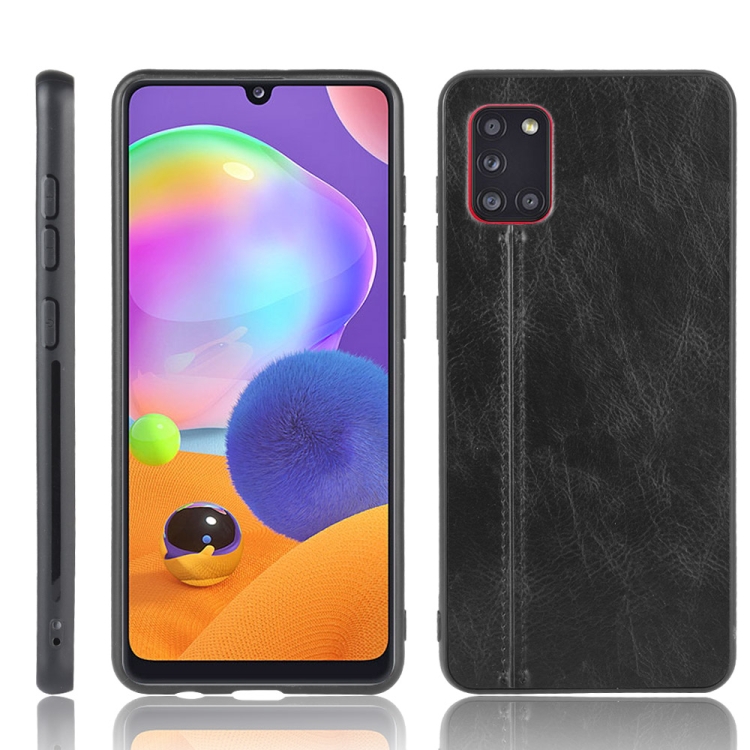 

For Galaxy A31 Shockproof Sewing Cow Pattern Skin PC + PU + TPU Case(Black)