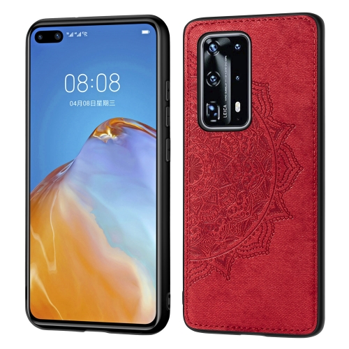 

For Huawei P40 Pro+ Mandala Embossed Cloth Cover PC + TPU Mobile Phone Case with Magnetic Function and Hand Strap(Red)