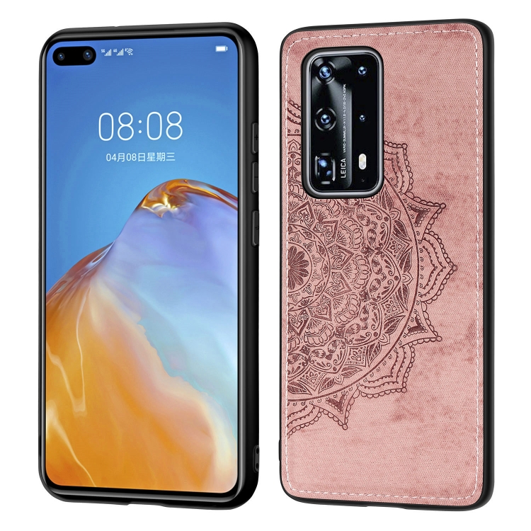 

For Huawei P40 Pro+ Mandala Embossed Cloth Cover PC + TPU Mobile Phone Case with Magnetic Function and Hand Strap(Rose Gold)