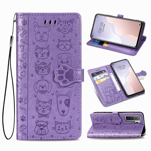 

For Huawei Nova 7SE/P40 Lite 5G Cute Cat and Dog Embossed Horizontal Flip Leather Case with Bracket / Card Slot / Wallet / Lanyard(Purple)