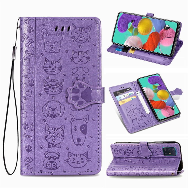 

For Galaxy A51 5G Cute Cat and Dog Embossed Horizontal Flip Leather Case with Bracket / Card Slot / Wallet / Lanyard(Purple)