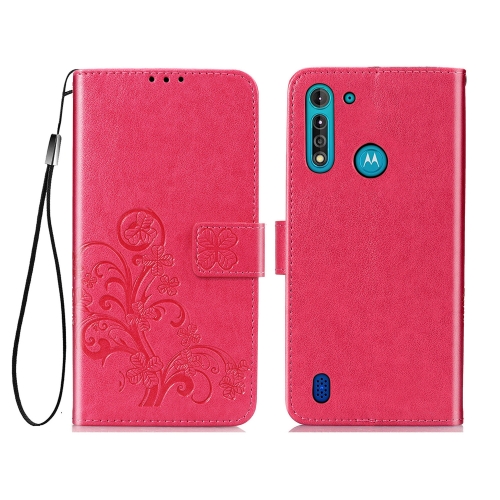 

For Motorola Moto G8 Power Lite Four-leaf Clasp Embossed Buckle Mobile Phone Protection Leather Case with Lanyard & Card Slot & Wallet & Bracket Function(Magenta)