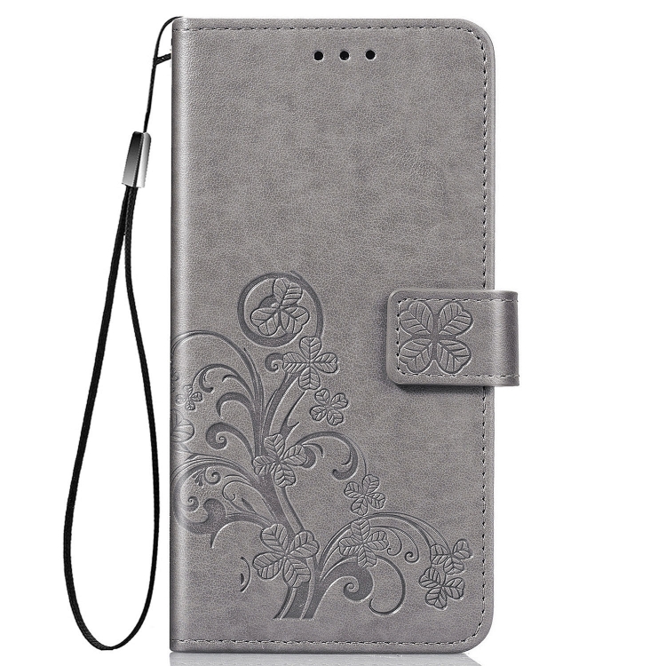 

For Galaxy A51 5G Four-leaf Clasp Embossed Buckle Mobile Phone Protection Leather Case with Lanyard & Card Slot & Wallet & Bracket Function(Gray)