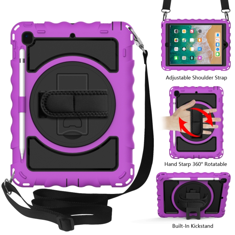 

For iPad 9.7 (2018) & (2017) 360 Degree Rotation PC + Silicone Shockproof Combination Case with Holder & Hand Grip Strap & Neck Strap(Purple)