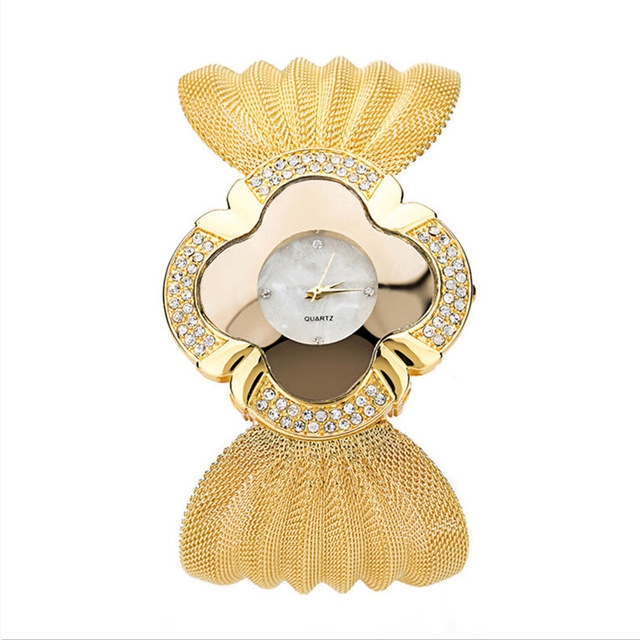 

2 PCS Flower Shape Mirror Dial Diamond Grid Strap Quartz Watch for Women(Gold)