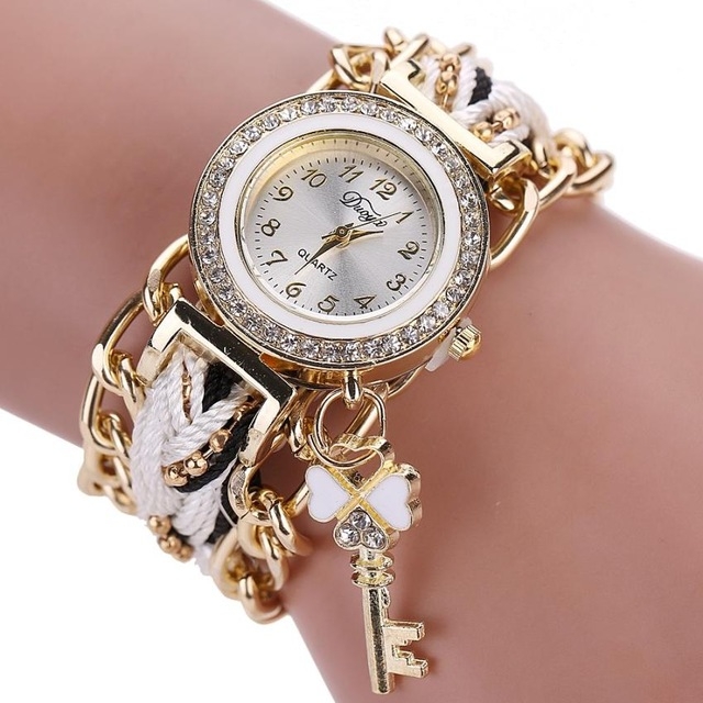 

Women Round Dial Diamond Braided Hand Strap Quartz Watch with Key Pendant(White)