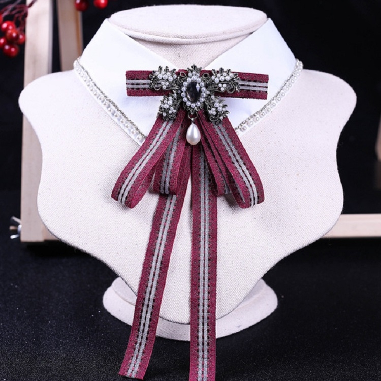 

Women Bow-knot Long Bow Tie College Style Stripe Shirt Bow Tie(Red Wine)