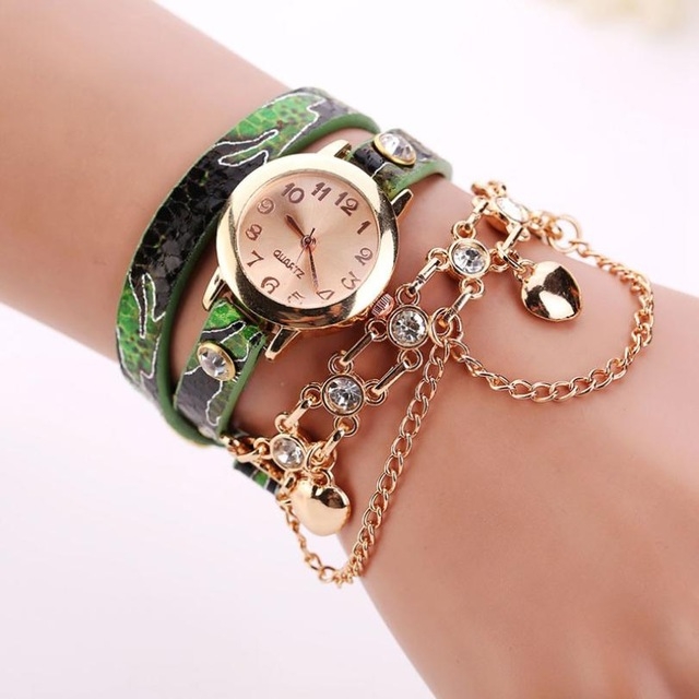

Women Round Dial Diamond Leather Belt Loop Bracelet Quartz Watch(Green)