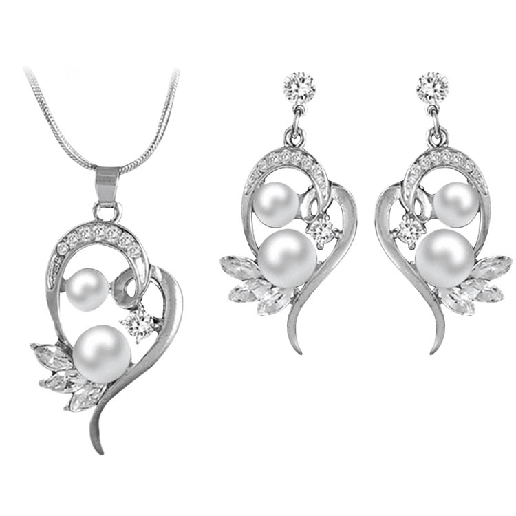 

Fashion Cute Flower Simulated Pearl Crystal Wedding Jewelry Sets for Women(Silver)