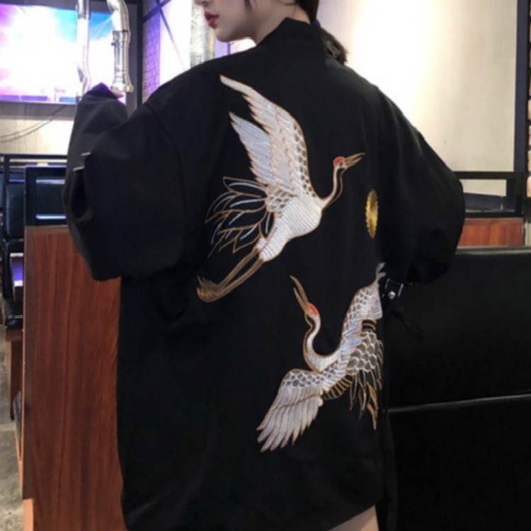 

Harajuku Style Crane Embroidered Lace Cardigan, Size:One Size(Black)