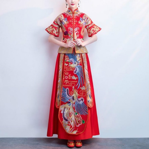 

Ancient Chinese Embroidered Phoenix Wedding Dress Traditional Cheongsam, Size:M(Short Sleeve)