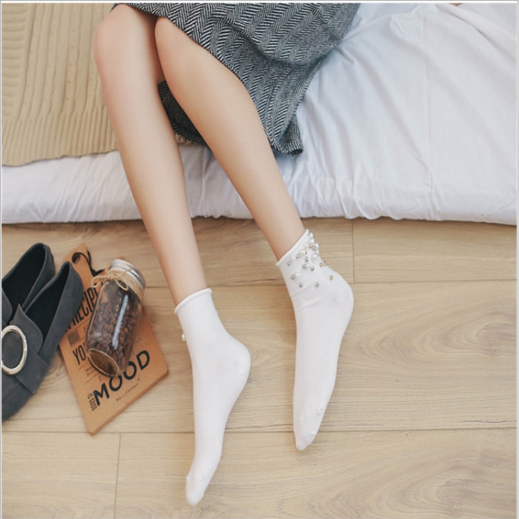 

Retro Handmade Pearl Cotton Tube Socks, Size:One Size(White)