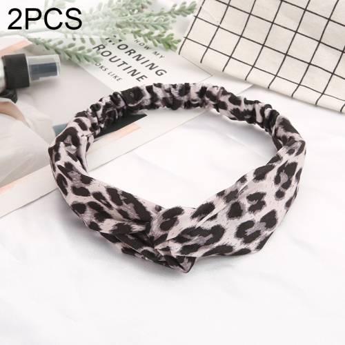 

2 PCS Printing Leopard Cross Headband Women Turban Hairband Stretch Twisted Knotted Headwear(Gray leopard)