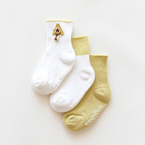 

3 Pairs Cotton Non-Slip Double Needles Loose Mouth Plain Baby Socks, Size:S(Grass Yellow)