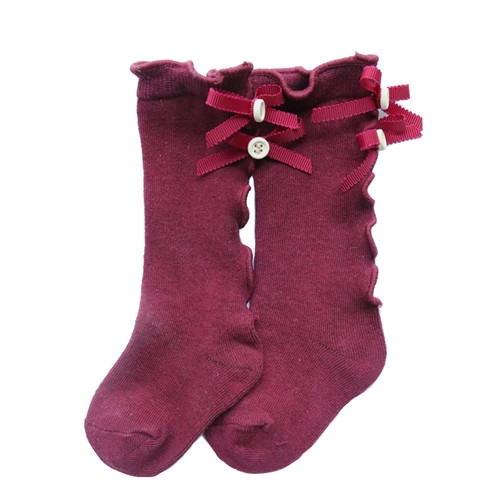 

Baby Cute High Knee Fungus Lace Bow Socks, Size:L(Wine Red)