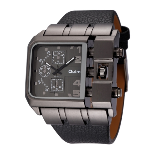Oulm 3364 Men Square Dial Leather Belt Quartz Watch(Black)