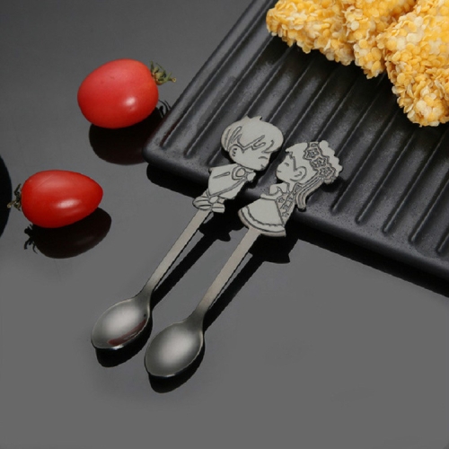 

2 Sets Stainless Steel Tableware Creative Cartoon Couple Spoon Hanging Cup Spoon Coffee Stirring Spoon, Color:Black