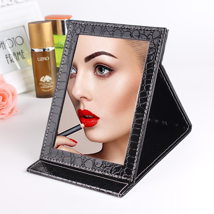 

2 PCS Square Stand Leather Make Up Mirror Alligator Pattern Portable Cosmetic Mirror, Color:Black, Size:L 18x25.5x1.6CM