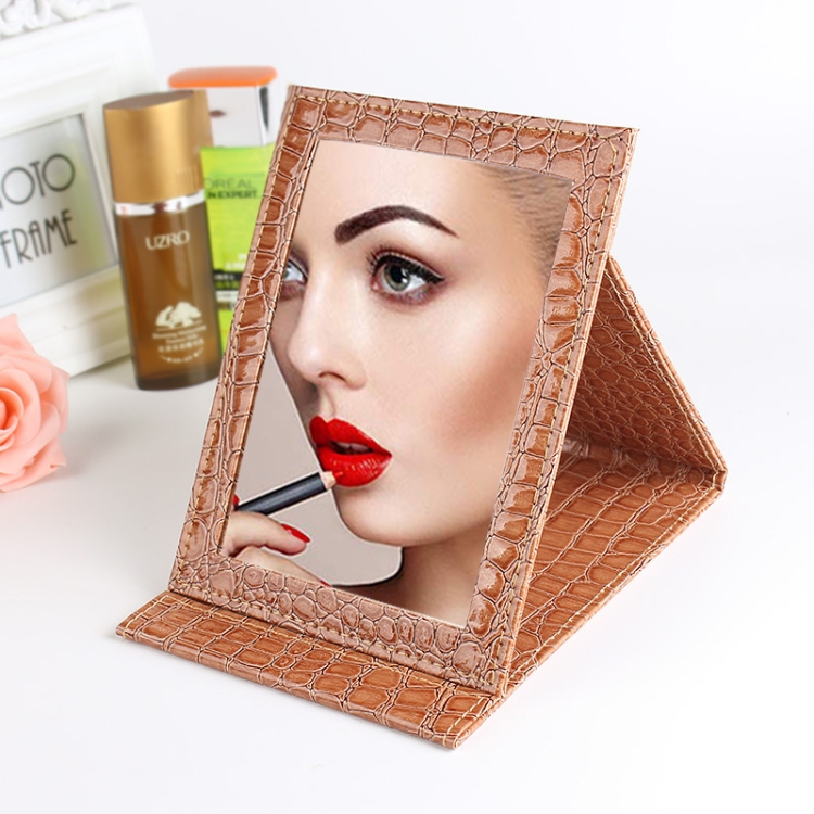

2 PCS Square Stand Leather Make Up Mirror Alligator Pattern Portable Cosmetic Mirror, Color:Brown, Size:S 12x17.5x1.6CM