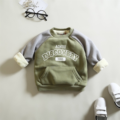 

English Grey Green Winter Children Thickening Plus Velvet Warm Raglan Long-sleeved Sweater, Height:90cm