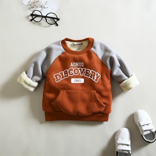 

English Orange Winter Children Thickening Plus Velvet Warm Raglan Long-sleeved Sweater, Height:90cm