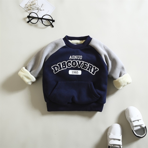 

English Navy Winter Children Thickening Plus Velvet Warm Raglan Long-sleeved Sweater, Height:90cm